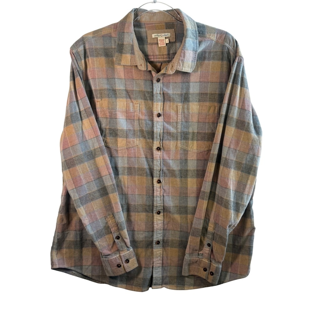 Carbon 2 Cobalt Mens Flannel Shirt Plaid Cotton Button Down Tan Blue Large L L/S